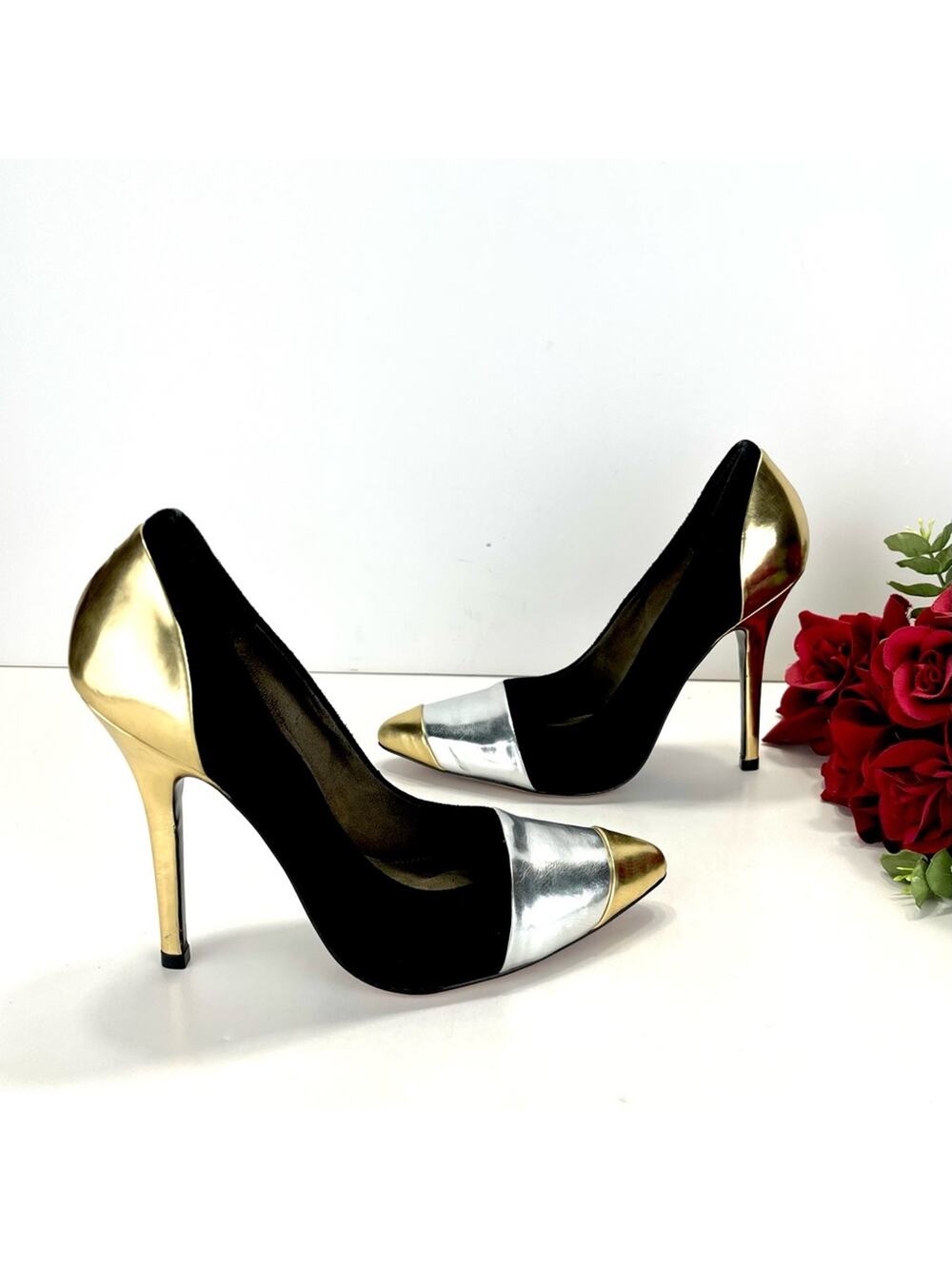 Marissa Webb Stiletto Heel Pump Sz 8 Black Suede Gold/Silver Leather Pointed-Toe